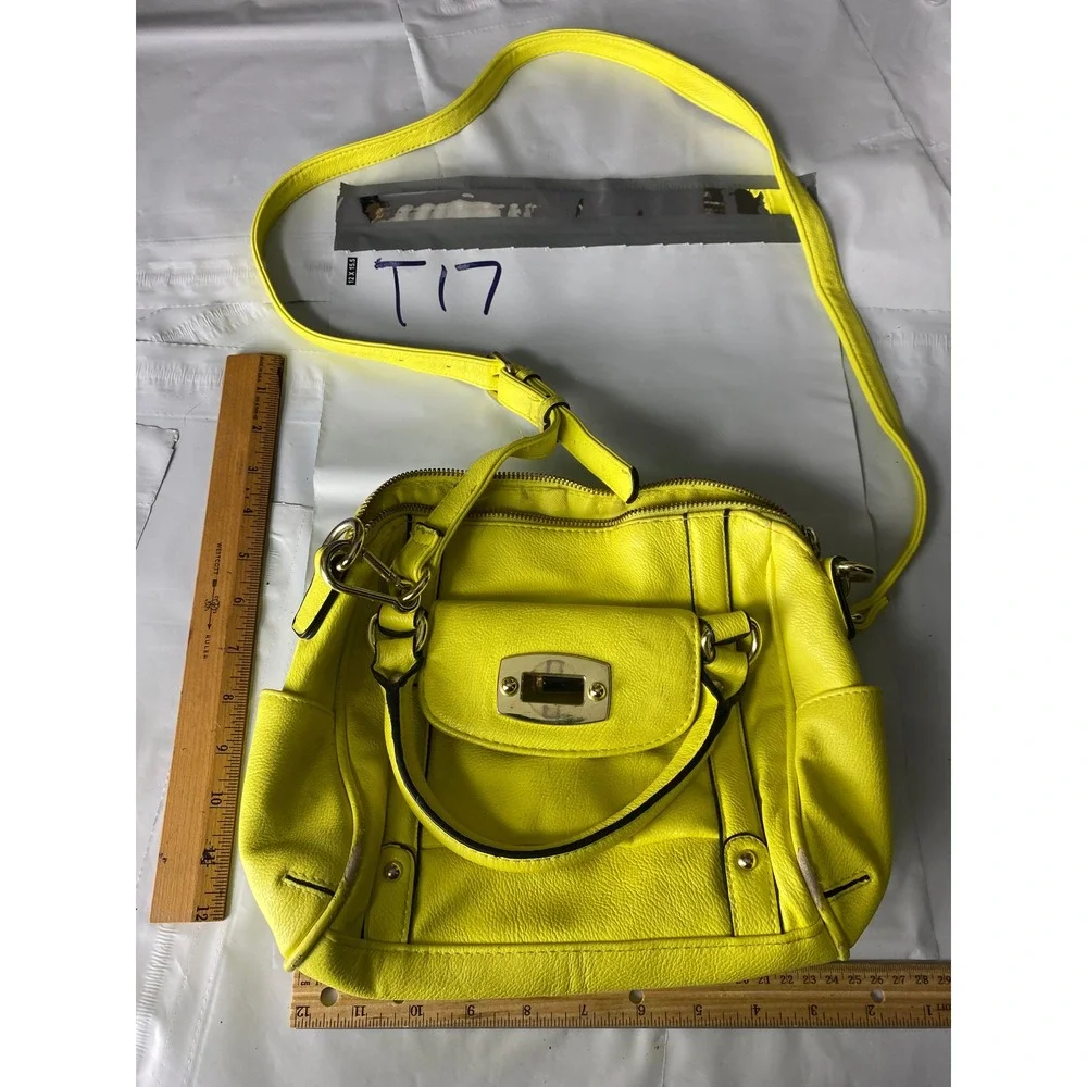 Bright Yellow Faux Leather Satchel Handbag with Adjustable Strap - Picture 6 of 6
